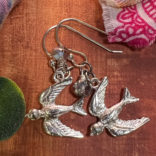 Silver Dove & Sparkly Crystal Earrings