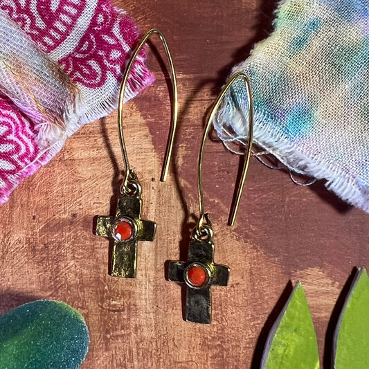 2/$36 - Everyday Earrings - Hammered Gold & Coral Chaton Crosses