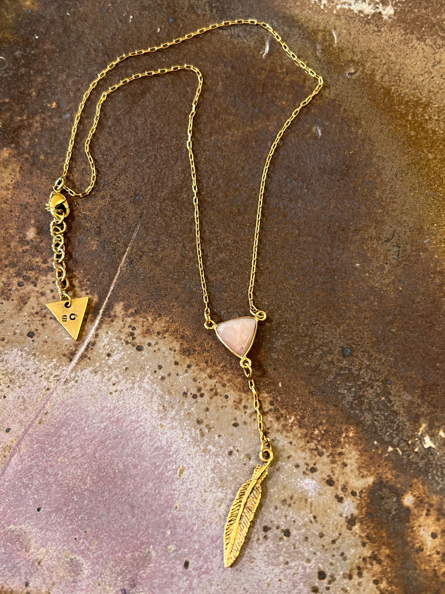 Rose Quartz & Feather Gemstone Lariat Necklace