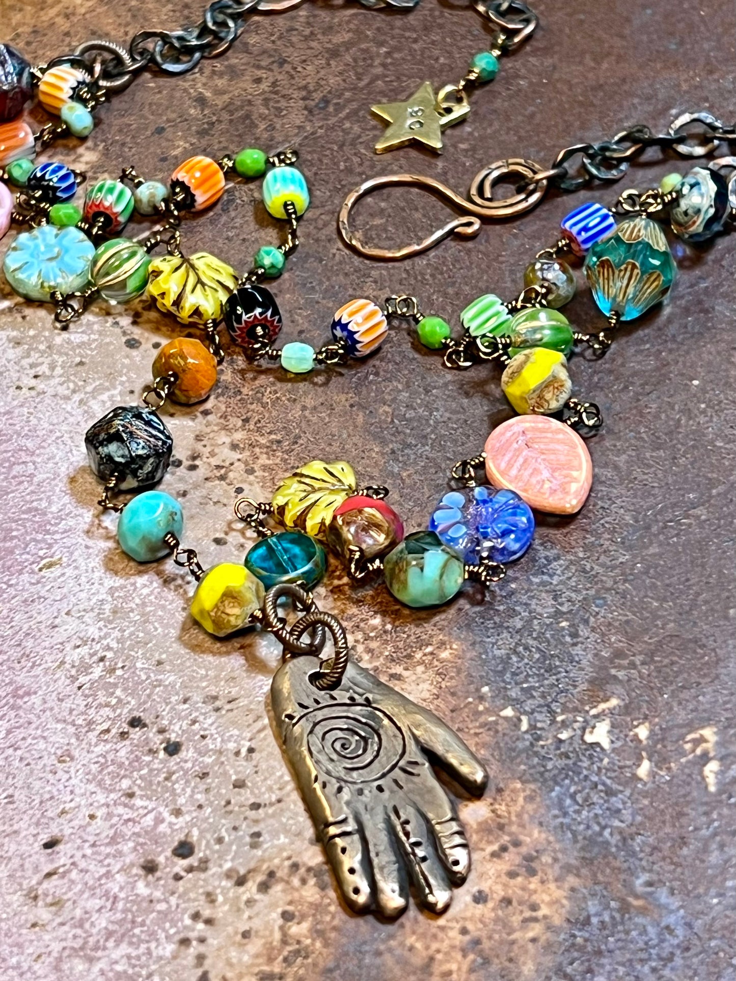 Love - Hand wrapped Czech Glass African Turquoise Bronze & Copper Pendant