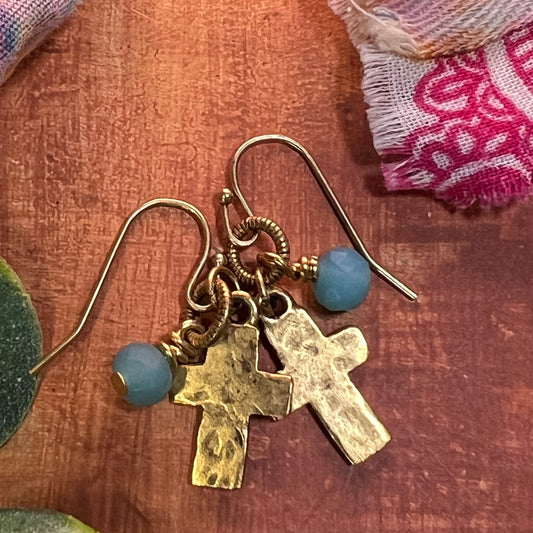 Gold Cross & Blue Crystal Earrings