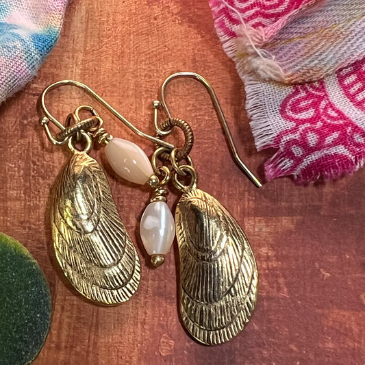 Gold Mussel Shell & Vintage Mother of Pearl Earrings