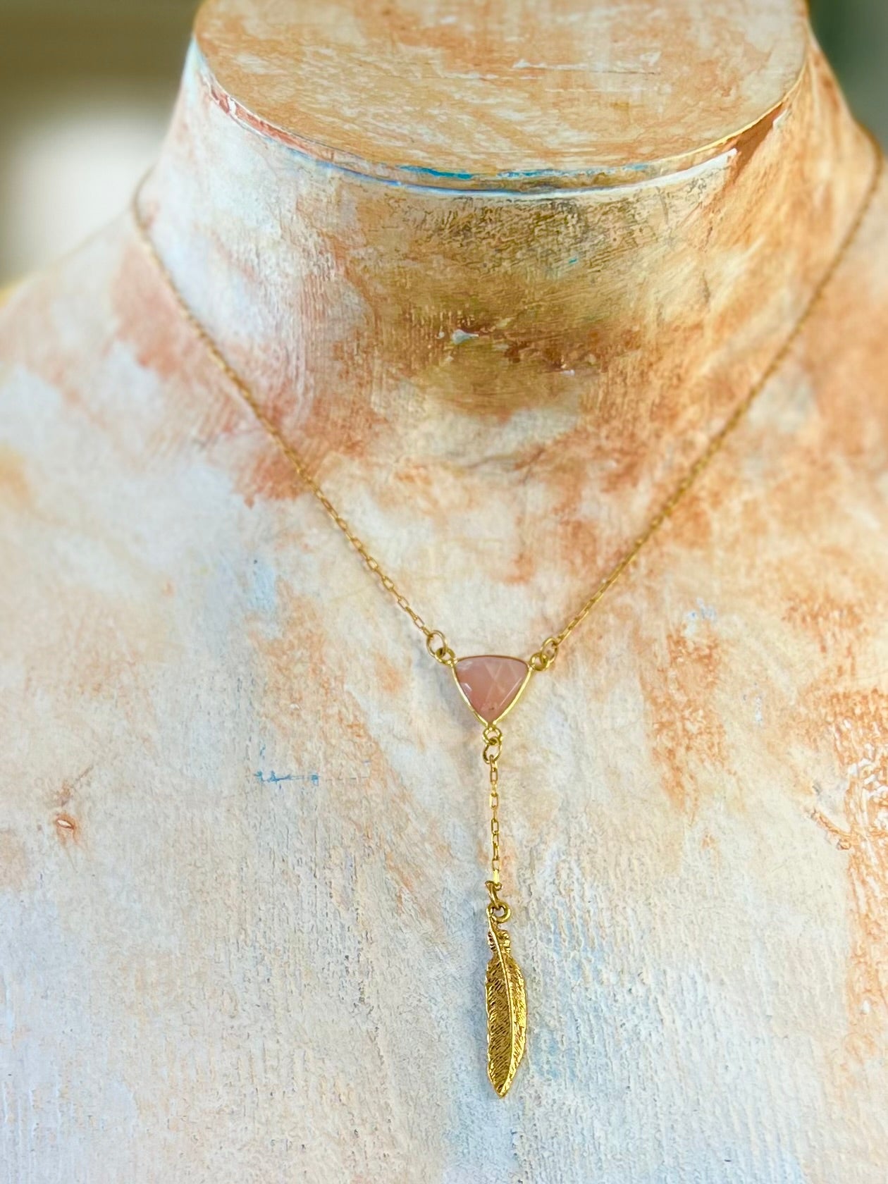 Rose Quartz & Feather Gemstone Lariat Necklace