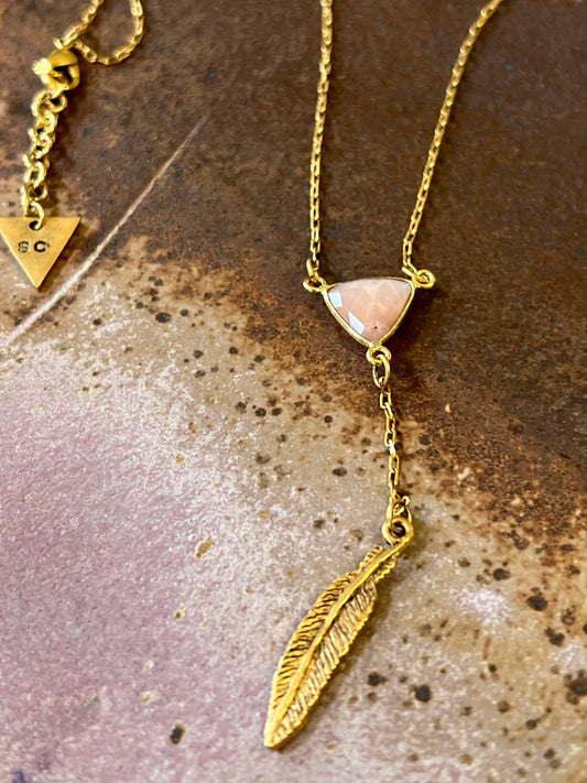 Rose Quartz & Feather Gemstone Lariat Necklace