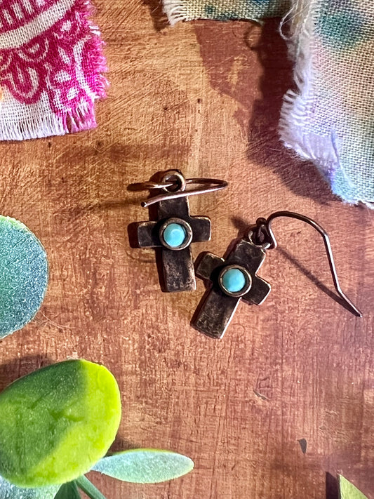 2/$36 - Everyday Earrings - Hammered Copper & Turquoise Chaton Crosses