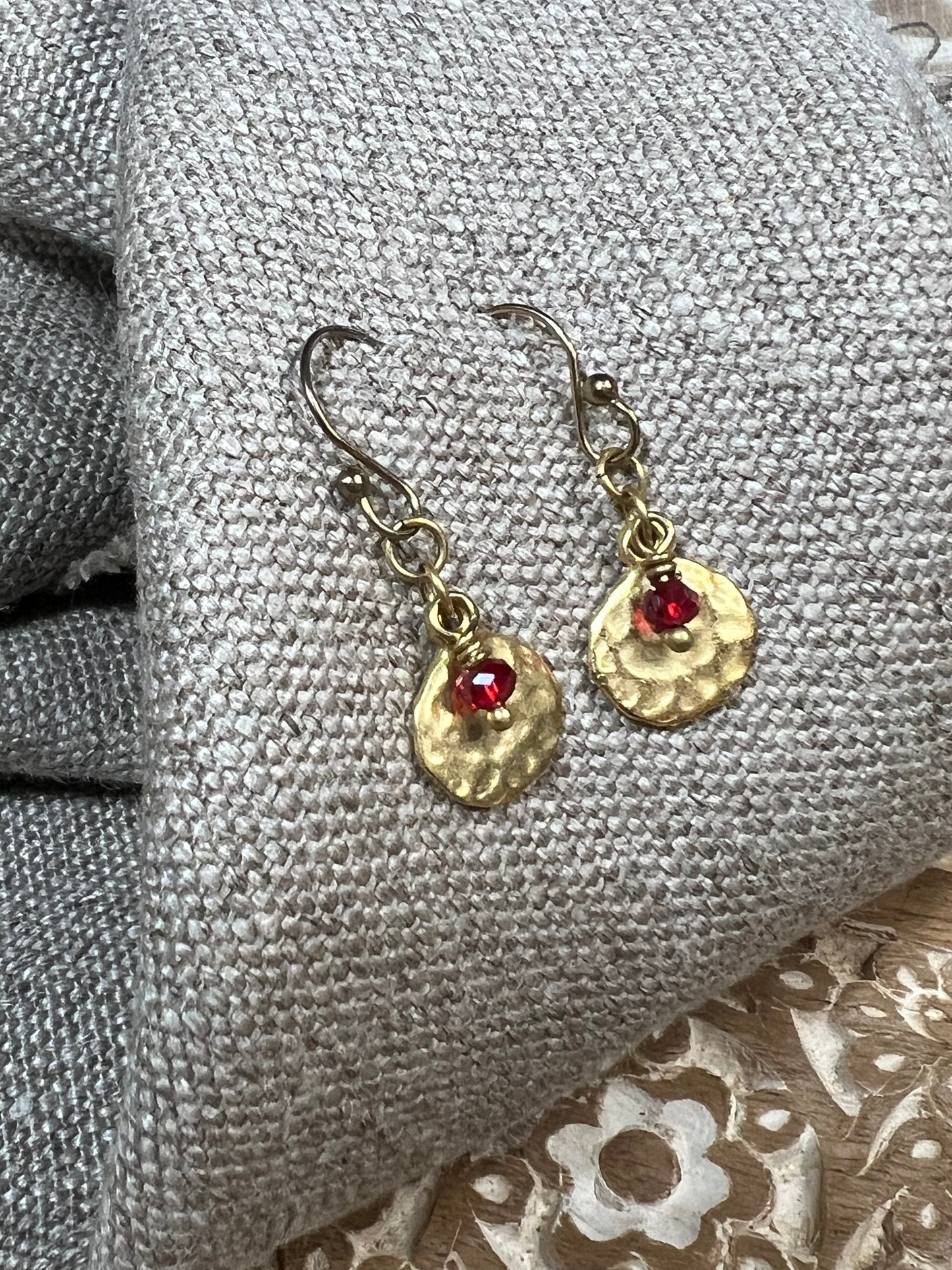 Tiny Hammered Gold Coin with Czech Glass Dangles