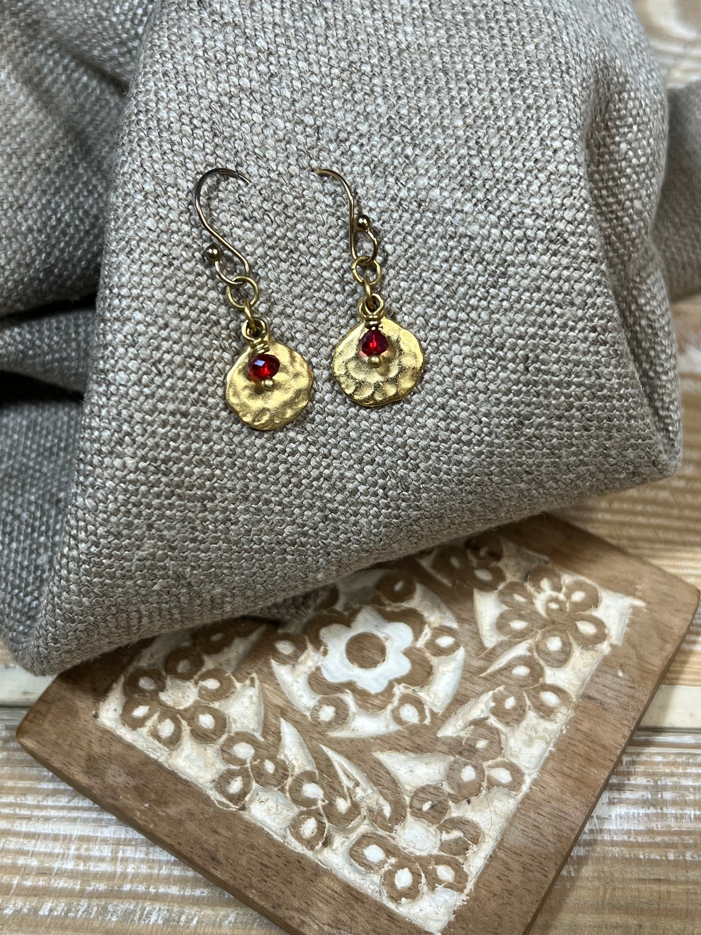 Tiny Hammered Gold Coin with Czech Glass Dangles