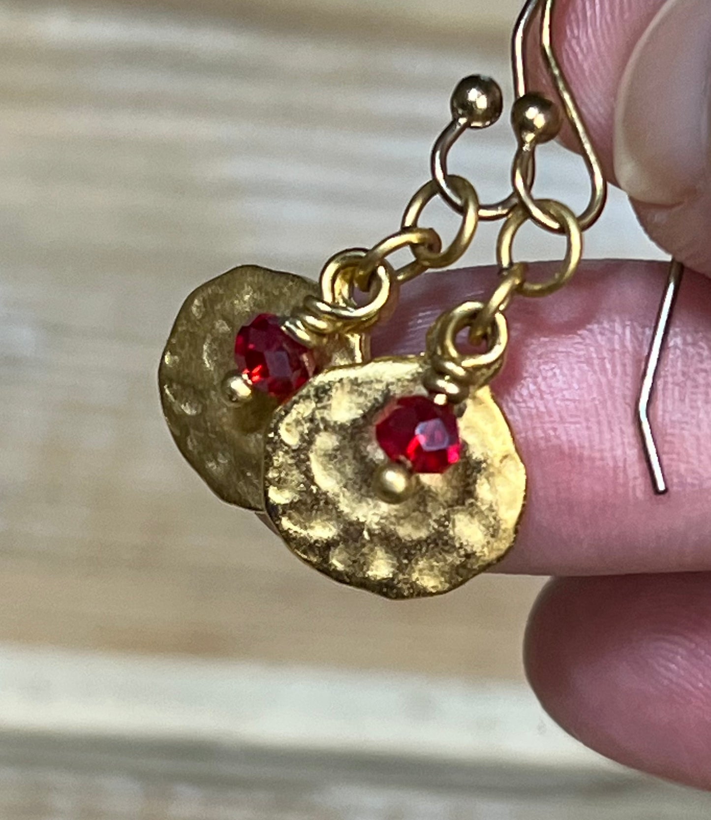 Tiny Hammered Gold Coin with Czech Glass Dangles